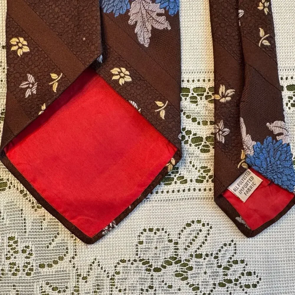 Vintage Gentry Beau Brummell Men's Repp Necktie Brown & Blue Floral Polyester